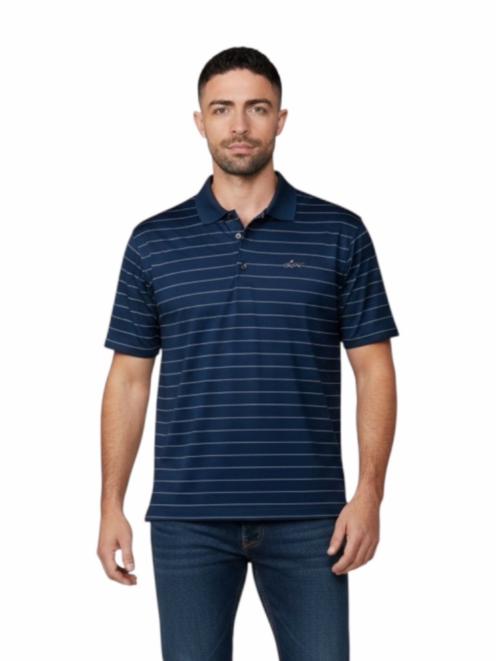 Greg Norman Polo Shirt Mens XL Blue Striped PlayDry Performance Golf Shirt Shark